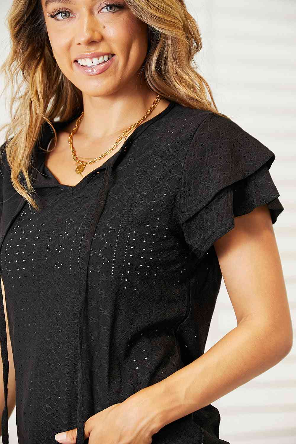 Double Take Eyelet Tie-Neck Flutter Sleeve Blouse - Corinne's Boutique