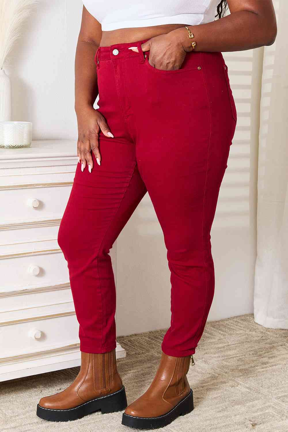 Judy Blue Full Size High Waist Tummy Control RED Skinny Jeans - Corinne's Boutique