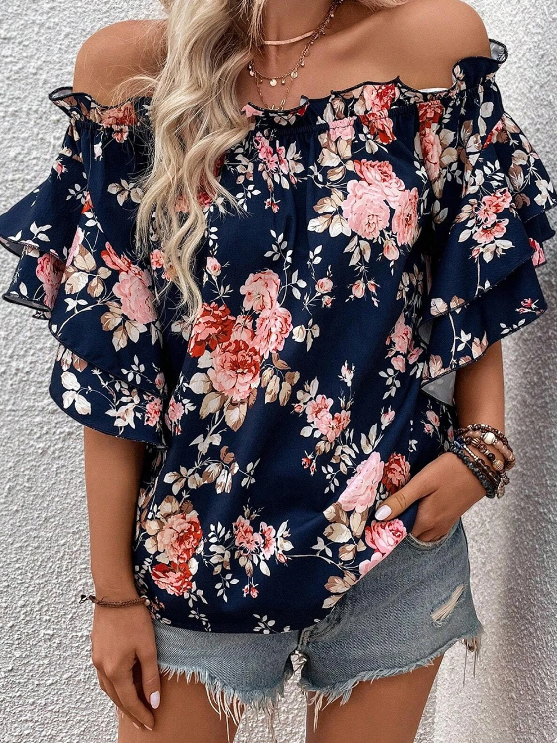 Printed Off-Shoulder Flounce Sleeve Blouse - Corinne's Boutique