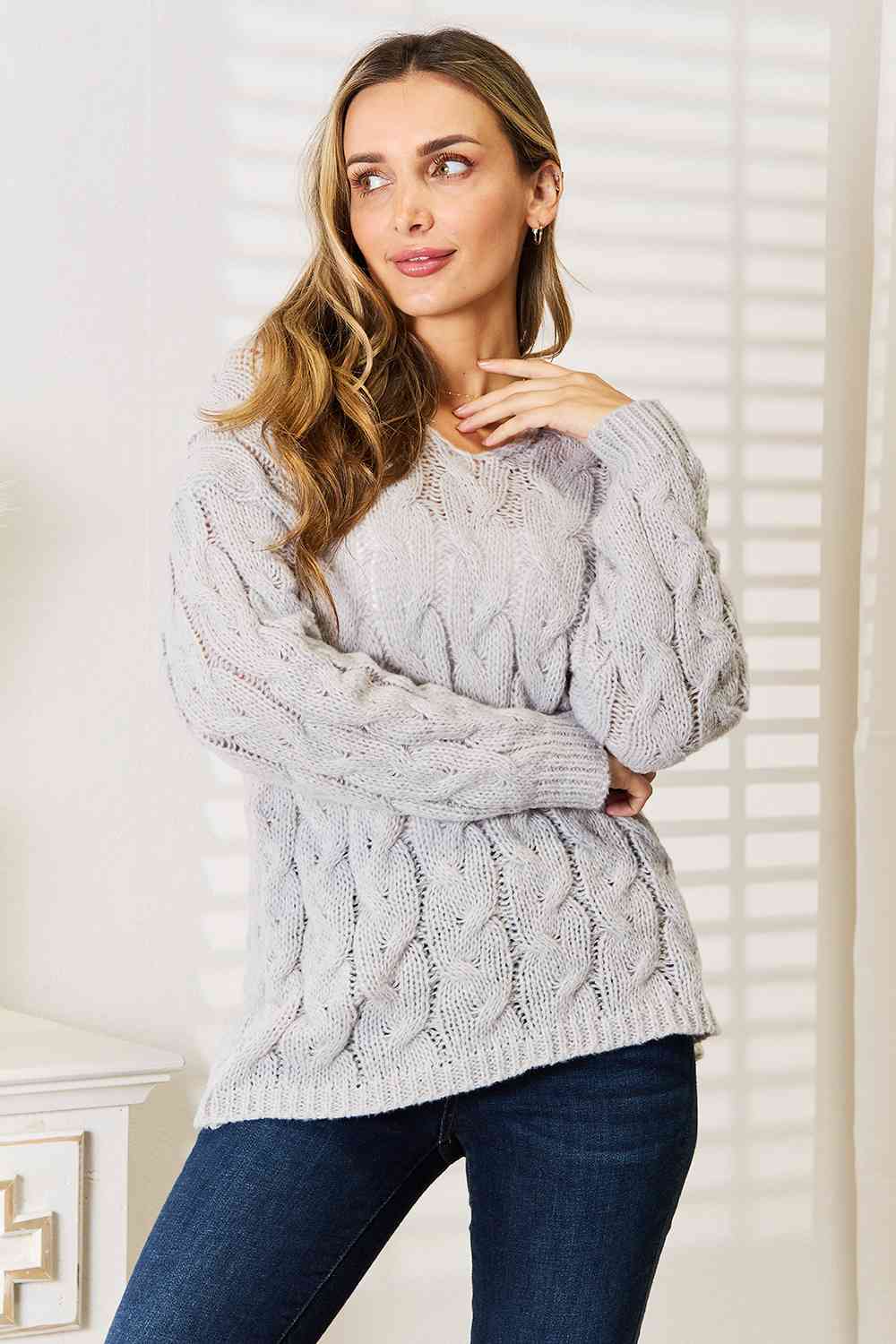 Woven Right Cable-Knit Hooded Sweater - Corinne's Boutique