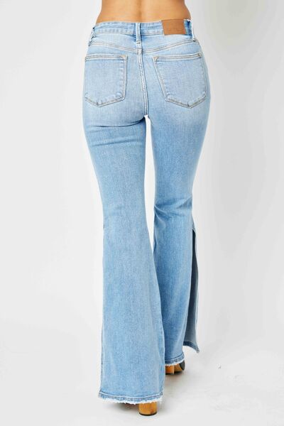 Judy Blue Full Size Mid Rise Raw Hem Slit Flare Jeans - Corinne's Boutique