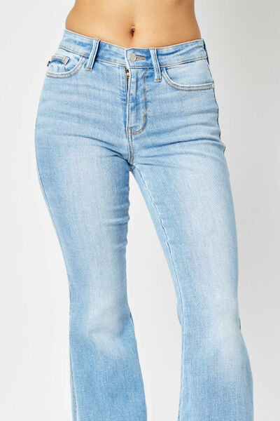 Judy Blue Full Size Mid Rise Raw Hem Slit Flare Jeans - Corinne's Boutique